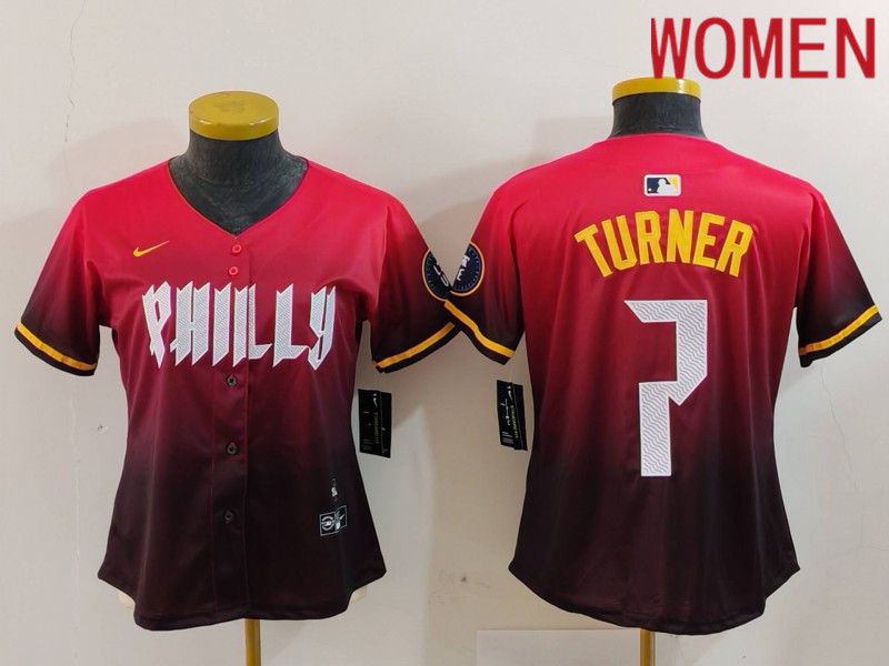 Women Philadelphia Phillies #7 Turner Red City Edition 2024 Nike MLB Jersey style 1->women mlb jersey->Women Jersey